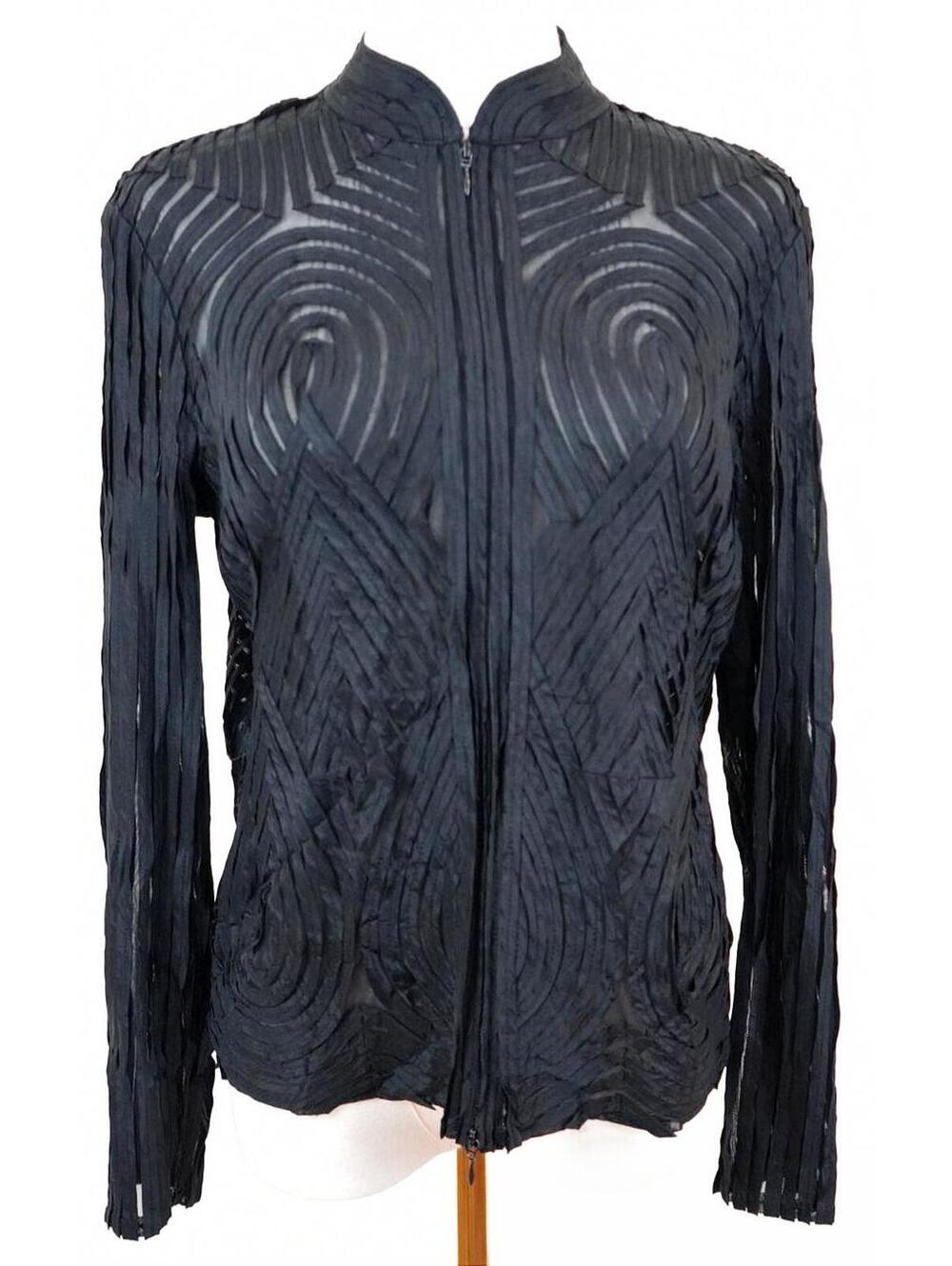 Cartise Black Sculptural Ribbon Applique Zip Jacket Avant Garde Size S/M